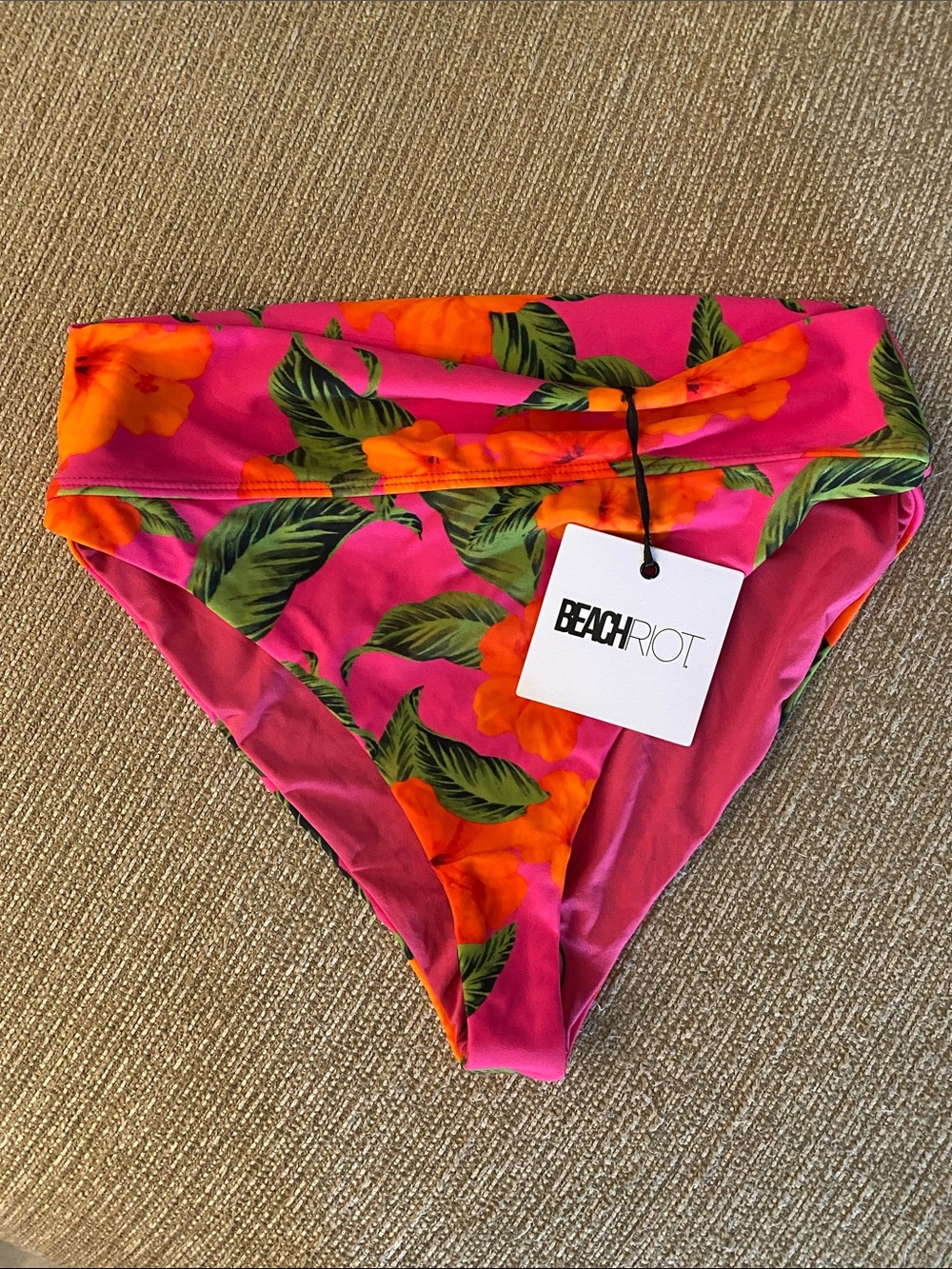 🌼 NWT Beach Riot Hot Pink & Orange Tropical Hibiscus Bikini Bottom size Large